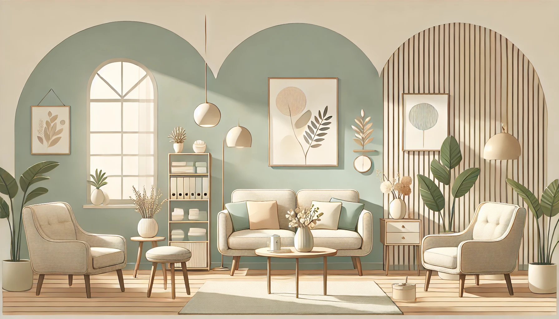 DALL·E 2024-11-19 15.02.38 - Design a therapy session room with a calming and professional ambiance. Include comfortable seating such as a sofa and an armchair, a small coffee tab