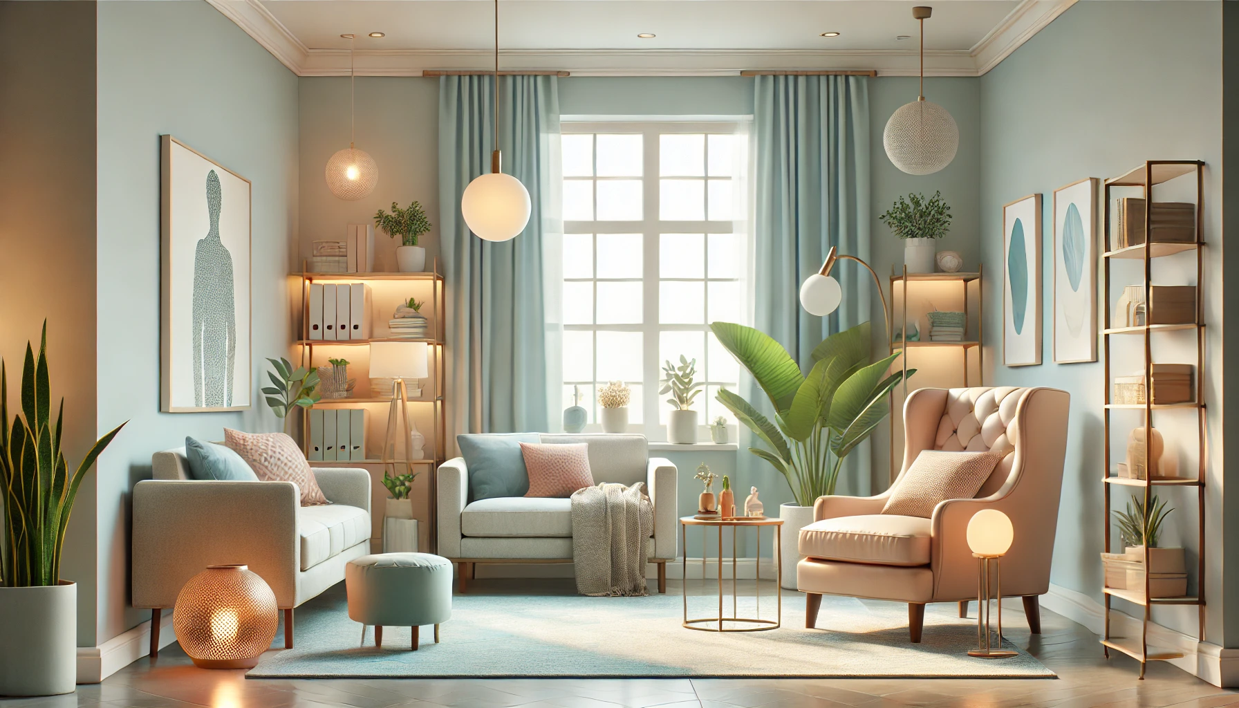 DALL·E 2024-11-19 15.04.14 - Design a psychologist's office using soft, calming colors such as light blues, greens, and pastels. The space should include comfortable seating like