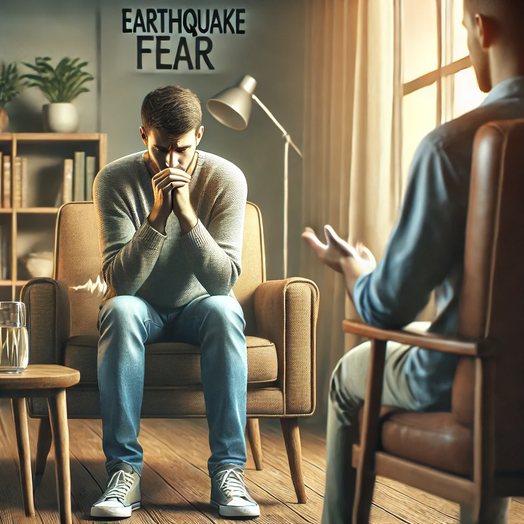 DALL·E 2024-11-19 16.53.32 - A realistic photo-style illustration depicting a therapy session focused on earthquake fear. The scene shows a client sitting in a comfortable chair w